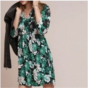 Anthropologie Maeve Green and White Floral Print Juno Dress Sz M
